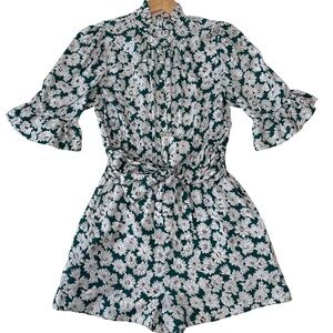 REBECCA TAYLOR Serene Floral Print Romper Elbow Sleeve SZ 4 Green White NWOT